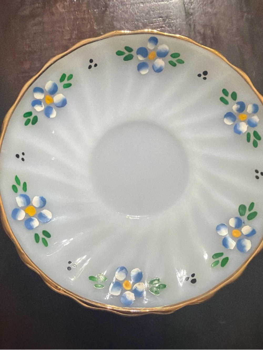 Source Unknown White Porcelain Saucer with Blue Flowers and Gold Rim